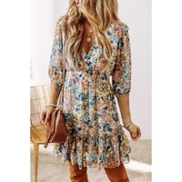 Sky Blue Floral 3/4 Sleeve V Neck High Waist Ruffled Dress - S thumbnail