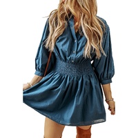 Prussian Blue 3/4 Sleeve Shirred High Waist Buttoned Mini Dress - L thumbnail