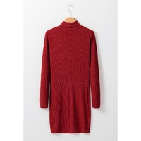 Racing Red Ribbed Knit Long Sleeve High Neck Mini Dress - L thumbnail