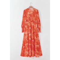 Orange Boho Floral Bishop Sleeve V Neck Tiered Maxi Dress - S thumbnail
