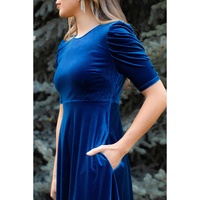Sail Blue Velvet Ruched Short Sleeve Pocketed Mini Dress - S thumbnail