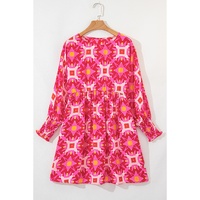 Strawberry Pink Geometric Print Smocked Long Sleeve Mini Dress - S thumbnail