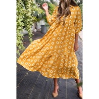 Yellow Flower Print Bracelet Sleeve Buttons Collared Maxi Dress - S thumbnail