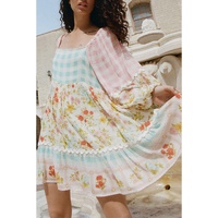 Pink Ric Rac Plaid Floral Print Patchwork Bubble Sleeve Dress - L thumbnail
