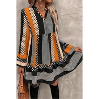 Black Striped Polka Dot Print Ruffled Hem V Neck Mini Dress - XL thumbnail