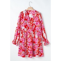Red Floral Print High Waist V Neck Babydoll Mini Dress - L thumbnail