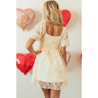 Apricot Sequined Lace Mesh Bubble Sleeve Square Neck Dress - M thumbnail