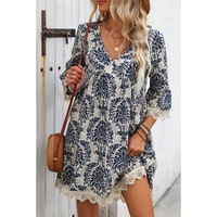 Sky Blue Vintage Printed Lace Trim V Neck 3/4 Sleeve Loose Dress - S thumbnail