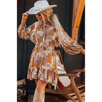 Orange Boho Floral Puff Sleeve Smocked Waist Mini Shirt Dress - L thumbnail