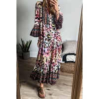 Pink Western Leopard Printed 3/4 Sleeve Buttoned Front Tiered Maxi Dress - S thumbnail