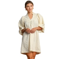 White Floral Textured Bubble Sleeve Frilled Notched Neck Dress - XL thumbnail