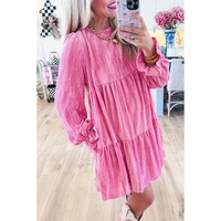 Strawberry Pink Flounce Sleeve Tiered Ruffled Velvet Mini Dress - M thumbnail