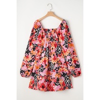 Pink Bohemian Square Neck Puff Sleeve Mini Dress - L thumbnail