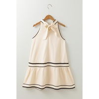 Khaki Stripe Ric Rac Trim Halter A-line Sleeveless Mini Dress - L thumbnail