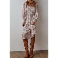 White Floral Print Shirred Ruffled Hem Square Neck Midi Dress - L thumbnail