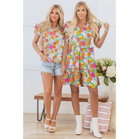 Sky Blue Floral Print Smocked Notch V Neck Flutter Sleeve Mini Dress - M thumbnail