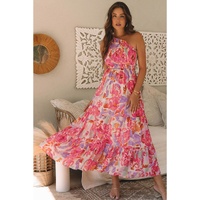 Pink Abstract Floral Print Shirred One Shoulder Maxi Dress - L thumbnail