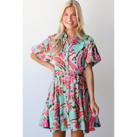 Green Abstract Print Lace-up High Waist Buttoned Mini Dress - S thumbnail