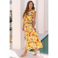 Yellow Cheetah Plant Print Shirred Button V Neck Maxi Dress - M thumbnail