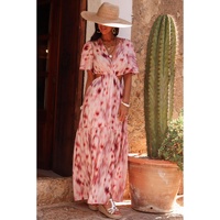 Pink Abstract Printed Flutter Sleeve Daring Cutout Long Dress - L thumbnail