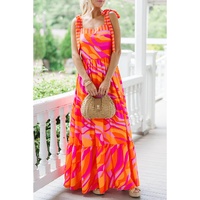 Red Abstract Print Knotted Shoulder High Waist Maxi Dress - M thumbnail