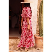 Red Paisley Print Side Slit Puff Sleeve High Waist Maxi Dress - L thumbnail
