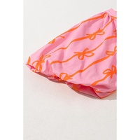Pink Bowknot Striped Printed Bubble Sleeve Buttoned Belted Mini Dress - L thumbnail