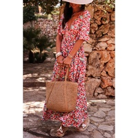 Red Floral Half Sleeve Deep V Neck Cutout Back Split Maxi Dress - L thumbnail