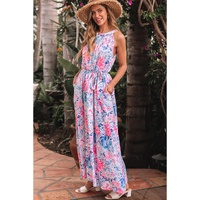 Sky Blue Floral Printed Sleeveless O Neck Knot Waist Maxi Dress - L thumbnail