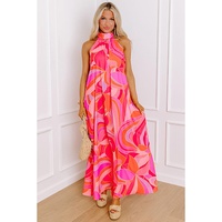Rose Abstract Printed High Neck Knotted Nape Sleeveless Maxi Dress - L thumbnail