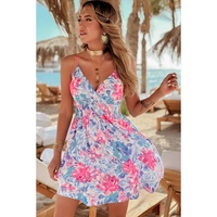 Sky Blue Floral Spaghetti Strap Surplice Neck Shirred Waist Mini Dress - S thumbnail