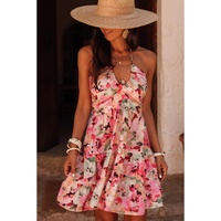 Pink Floral Sleeveless Halter Neck Shirred Back Ruffled Mini Dress - L thumbnail