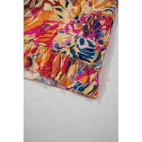 Pink Plant Print Flared Sleeve Ruffled Hem Tunic High Waist Flowy Dress - L thumbnail