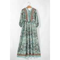 Green Boho Floral Print Lace-up Open Back High Waist Maxi Dress - S thumbnail