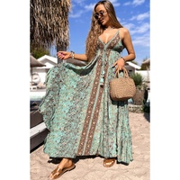 Green Floral Print V Neck Ruffled Trim Backless Tassel Waist Maxi Dress - M thumbnail