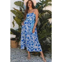 Blue Floral Printed Spaghetti Strap Maxi Dress with Waist Tie - M thumbnail