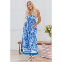 Blue Paisley V Neck Crisscross Backless Maxi Dress - M thumbnail