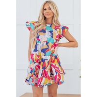 Pink Abstract Printed Ruffled Flutter Sleeve Tiered Mini Dress - L thumbnail