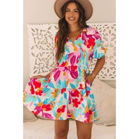 Rose Red Floral Bubble Sleeve V Neck Tiered Ruffle Babydoll Dress - XL thumbnail
