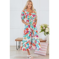 Rose Red Floral Knot Puff Sleeve V Neck Buttoned Front Split Lace Maxi Dress - XL thumbnail