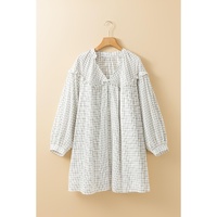White Stripe Checkered Frilled V Neck Bracelet Sleeve Babydoll Dress - M thumbnail