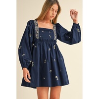 Blue Floral Embroidered Square Neck Puff Sleeve Ruffled Mini Dress - L thumbnail