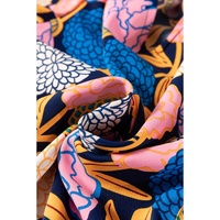Navy Blue Hydrangea Floral Print Bishop Sleeve V Neck Shift Dress - M thumbnail