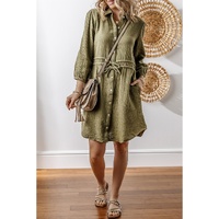 Jungle Green Textured Bracelet Sleeve Collared Button Up Dual Tied Mini Dress - S thumbnail