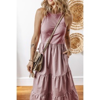 Sepia Rose Ribbed Vest Patchwork Tiered Midi Dress with Pockets - L thumbnail