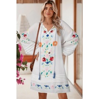 White Floral Print Boho Tassel Tie Split Neck Tucking Detail Puff Sleeve Mini Dress - M thumbnail