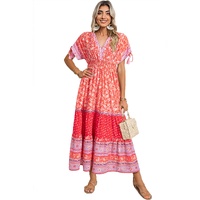Red Floral Print Tasseled Tied Sleeve Empire Waist Maxi Dress - L thumbnail