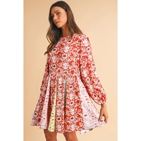 Red Colorful Floral Patchwork Long Sleeve Pleated Mini Dress - L thumbnail