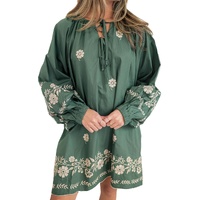 Mist Green Tie Neck Boho Floral Pattern Puff Sleeve Shift Dress - M thumbnail