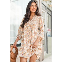 Yellow Boho Floral V Neck Ruffled Empire Waist Long Sleeve Mini Dress - L thumbnail